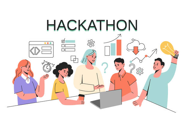 Illustration montrant des étudiants en train de faire un hackathon