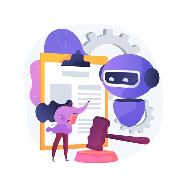 courbevoie.eco-brevets-ia Illustration figurant un robot, une femme et un maillet de juge