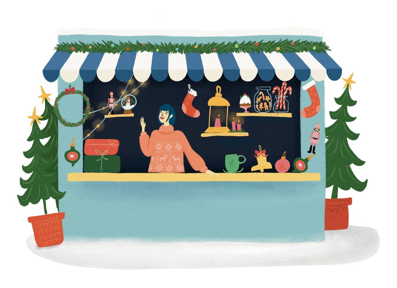 Café des entrepreneurs spécial marché de Noël L'image montre un stand, dessiné, aux couleurs de Noël