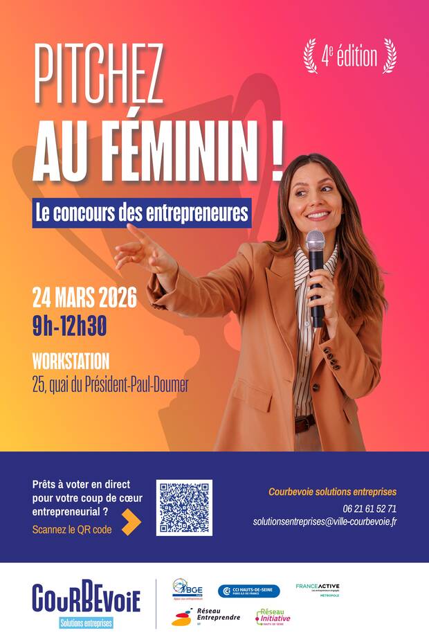 40x60_-_Affiche_Pitchez_au_feminin_2026 Affiche avec le titre "Pitchez au féminin", la date et le lieu de l'événement, et la photo d'une femme en blazer qui parle le micro à la main, avec un fond coloré