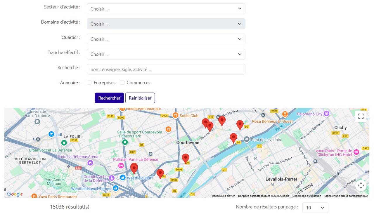 Visuel de l'interface web de l'annuaire des entreprises et commerces de Courbevoie