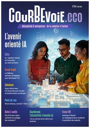 Courveture du  magazine Courbevoie.eco sur l'IA, avec 2 femmes et un hommes autour d'une maquette d'une ville en hologramme