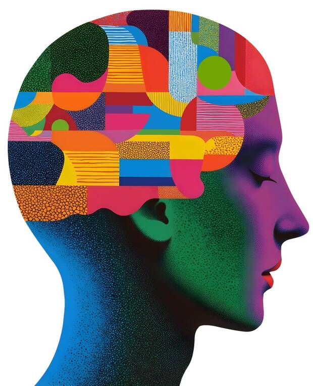 Illustration représentant une tête de profil avec des formes colorées.