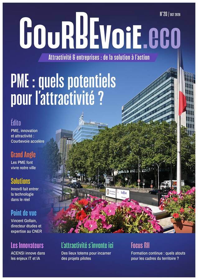 Couverture du n°28 de Courbevoie.eco, avec une photo des immeubles de bureaux le long des quais de Seine à Courbevoie