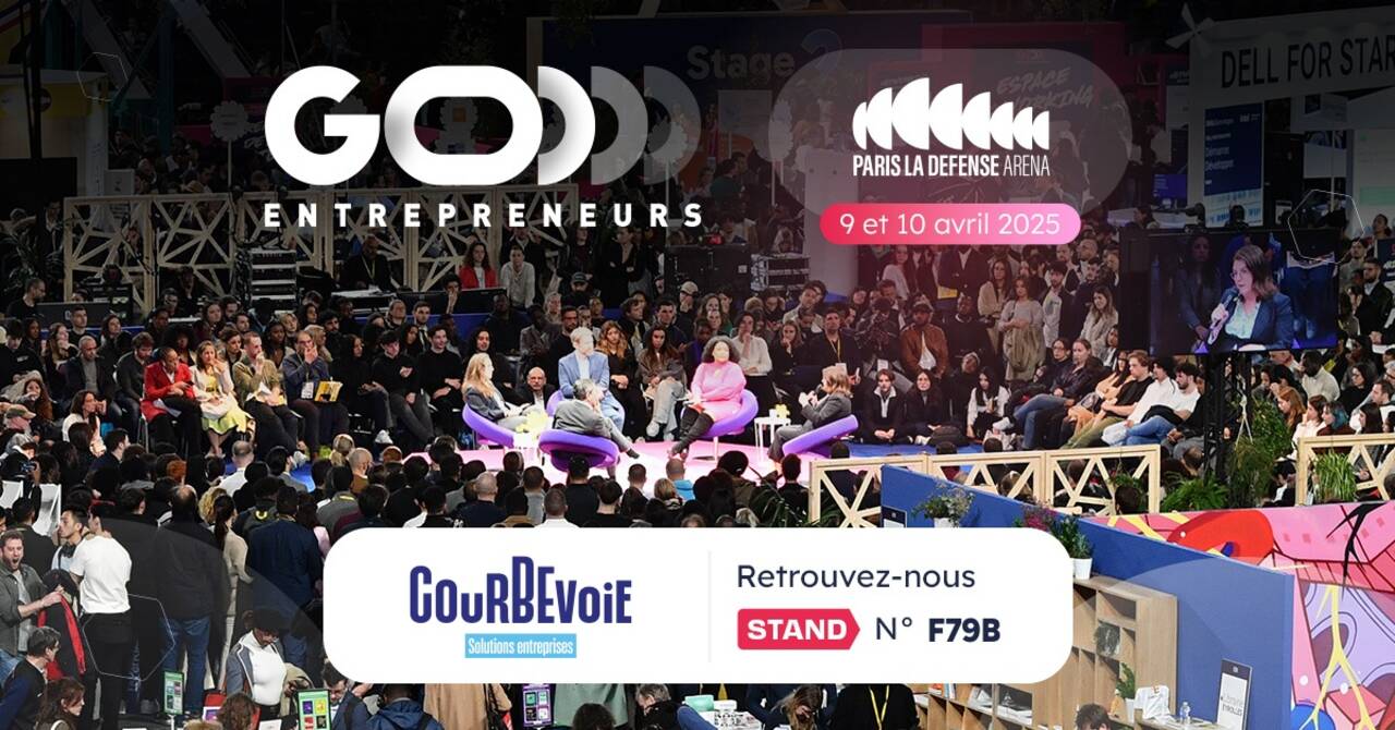 go-entrepreneurs-courbevoie-solutions-entreprises Image du salon GO Entrepreneur, avec une conférence et la mention du stand de Courbevoie solutions entreprises