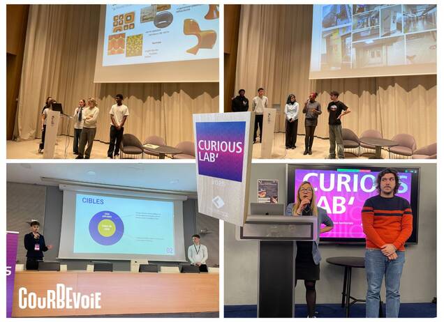 Mosaïque de photos avec : des étudiants faisant une présentation de leur projet sur scène dans le cadre du Curious Lab' à Courbevoie, une prise de parole des représentants du Curious Lab