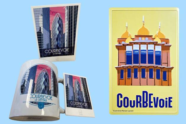 Photos de goodies de la ville de Courbevoie avec vue sur La Défense et le Pavillon des Indes : tasse, magnet carte postale