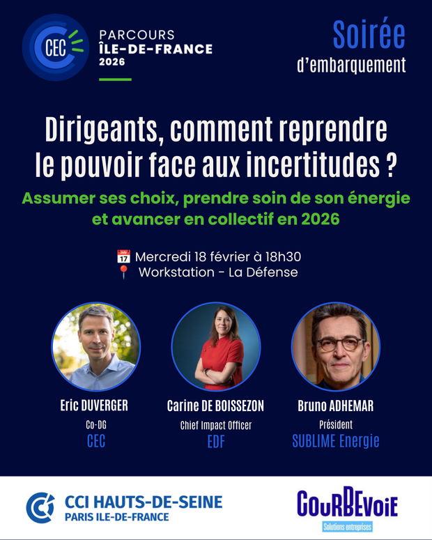 Visuel de la conférence Convention des Entreprises pour le Climat à Courbevoie le 18 février 2026, avec les photos des 3 intervenants