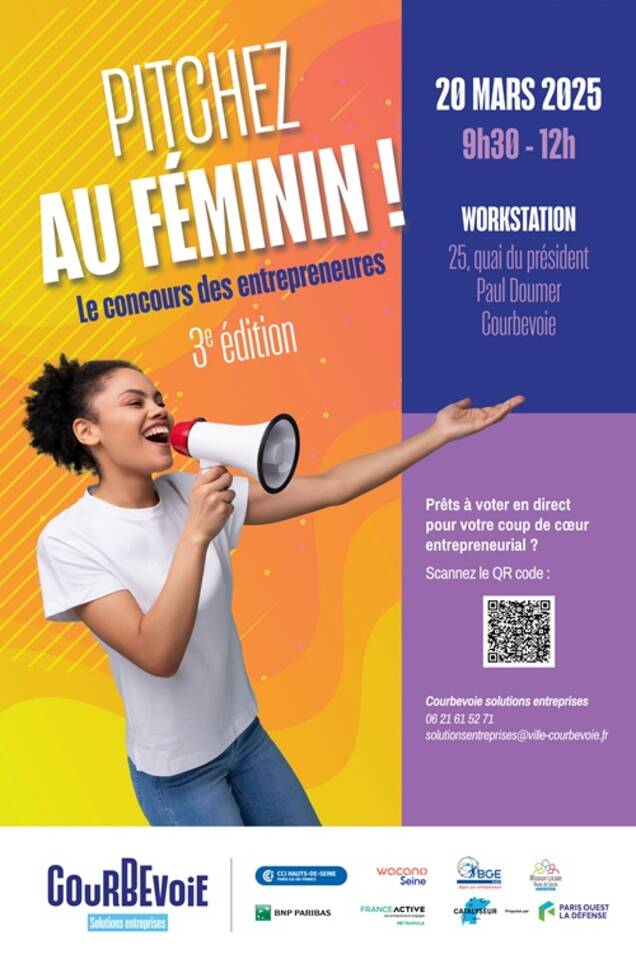 affiche-Pitchez-au-feminin-Courbevoie-2025 affiche de l'événement avec une femme tenant un mégaphone