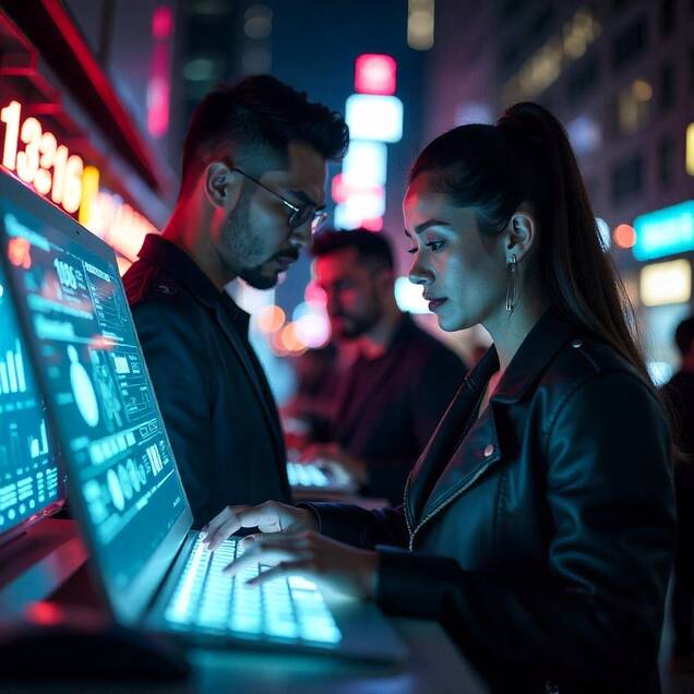 agents-ia Image représentant un homme et une femme sur leurs ordinateurs, dans un univers Tech