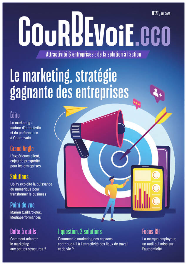 couv_Courbevoie_Eco_27-web Couverture du n°27 de Courbevoie.eco, avec une illustration symbolisant les actions marketing (cible, graphiques, smartphone, porte-voix)