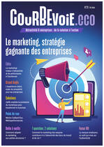 Couverture du n°27 de Courbevoie.eco, avec une illustration symbolisant les actions marketing (cible, graphiques, smartphone, porte-voix)