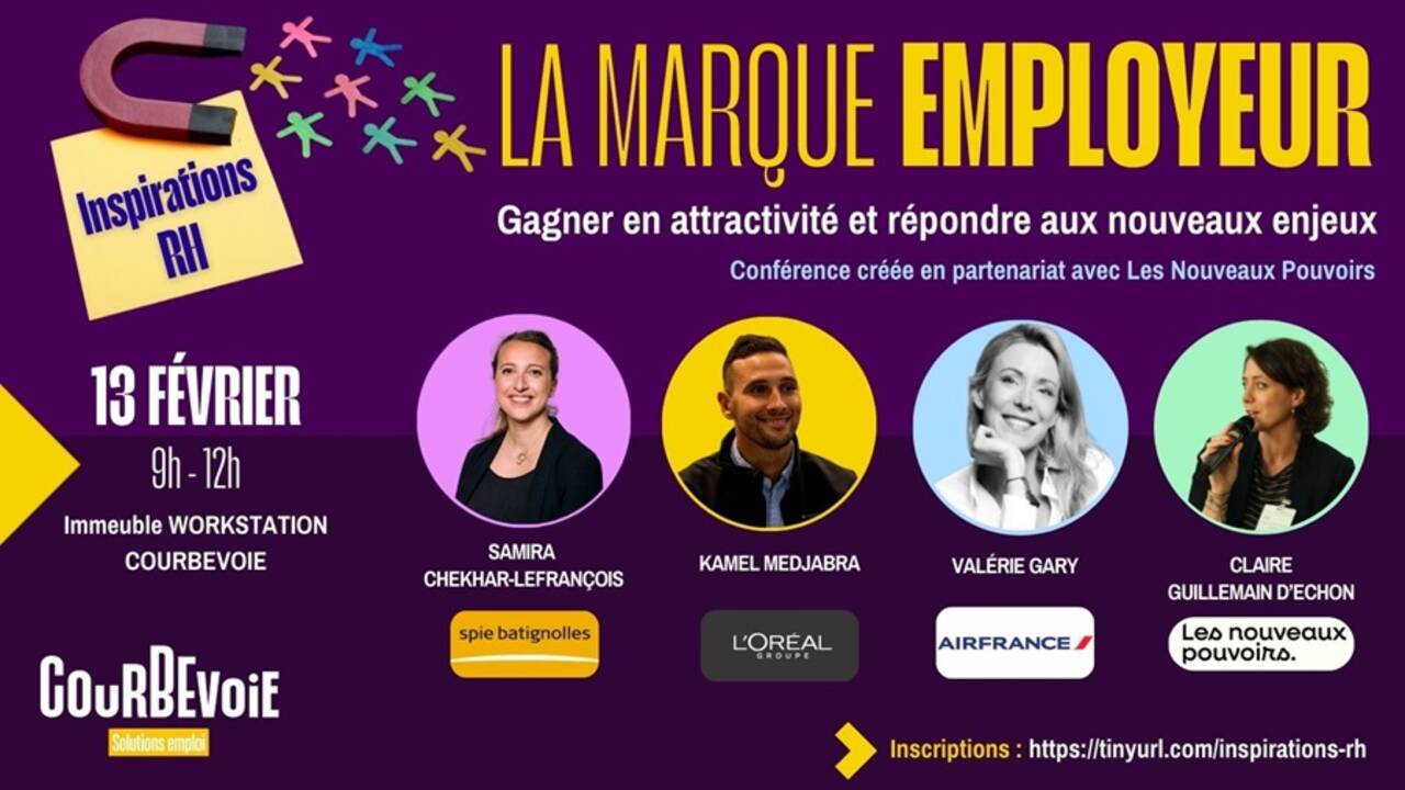 Inspirations-RH-marque-employeur-Courbevoie Visuel annonçant l'événement Inspirations RH sur le thème de la marque employeur, avec la photo des 4 intervenants de la conférence