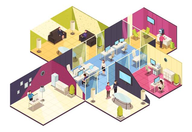 Infographie colorée d'un espace de travail, avec une maquette des différents bureaux