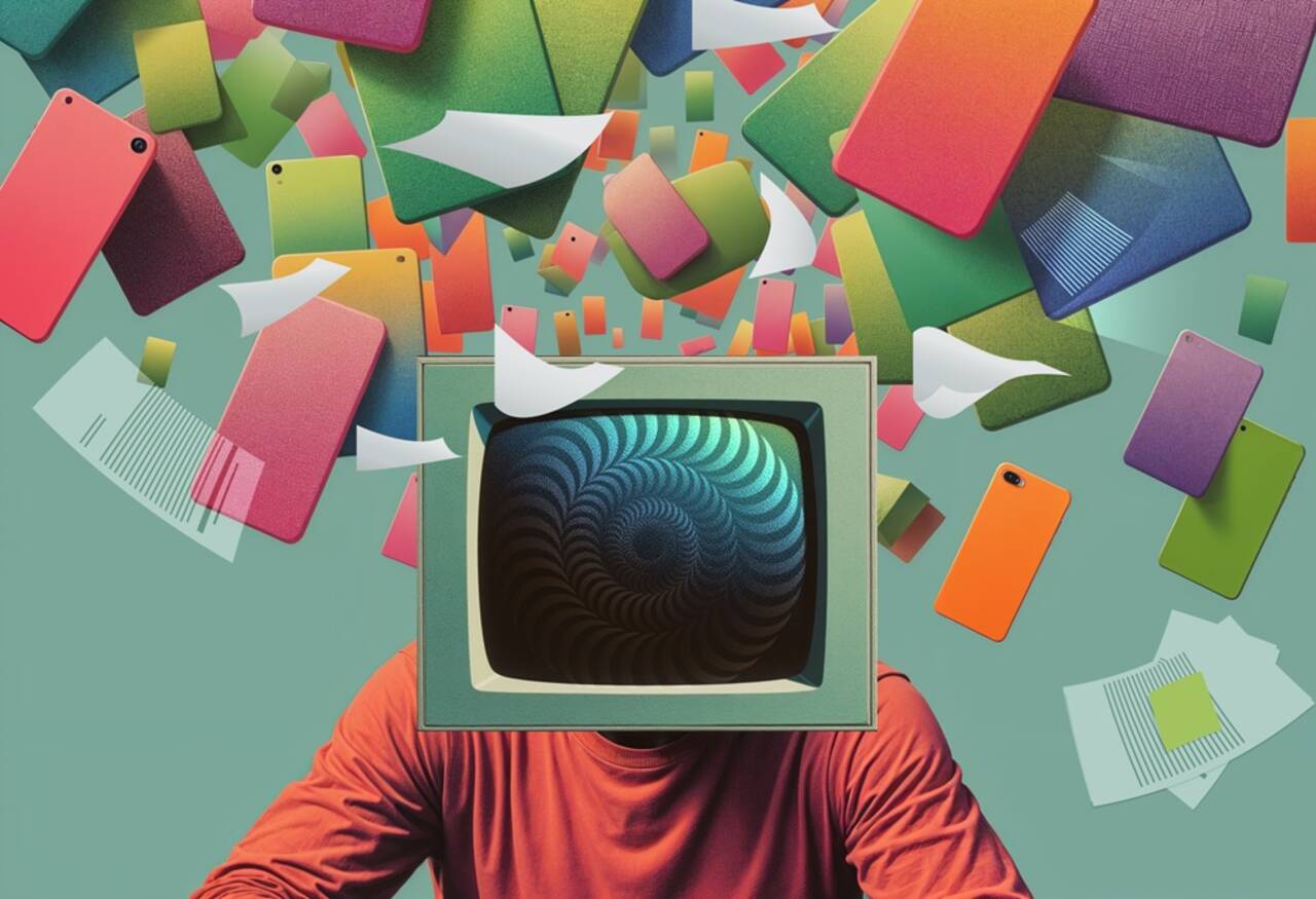 Illustration représentant un homme assis derrière un écran, avec une multitude d'informations autour de lui